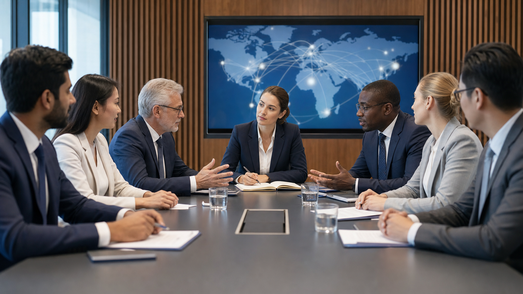 Intérprete tomando notas y facilitando una reunión entre profesionales de diferentes países